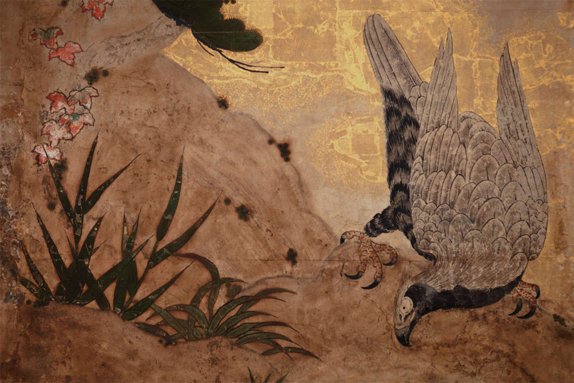 Japanese Screen: Two Panel, Hawk and Pine Tree.