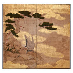 Japanese Screen: Two Panel, Hawk and Pine Tree.