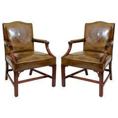 Pair Mahogany & Green Leather Library Chairs, England, 19th C.