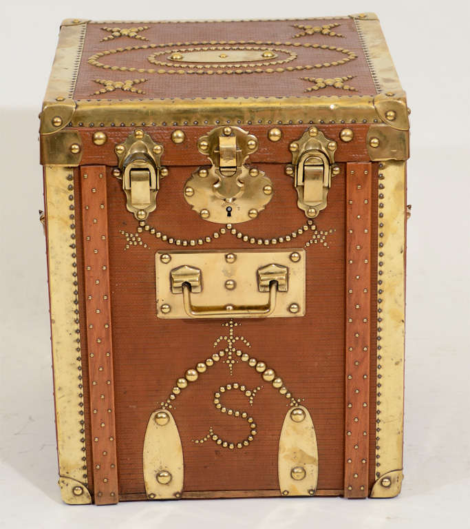 Distinctive Brass-Trimmed and Studded Hat Box with Three Handles, Wooden Straps, and Monogramed 