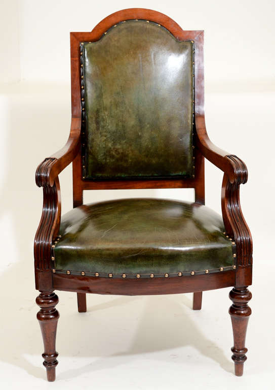 19th Century Mahogany & Green Leather Library Chair, England, 19th C.