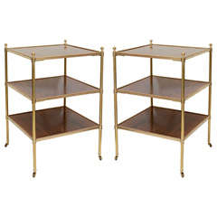 Pair Brass & Rosewood 3-Tier End Tables, England, Mid 20th C.
