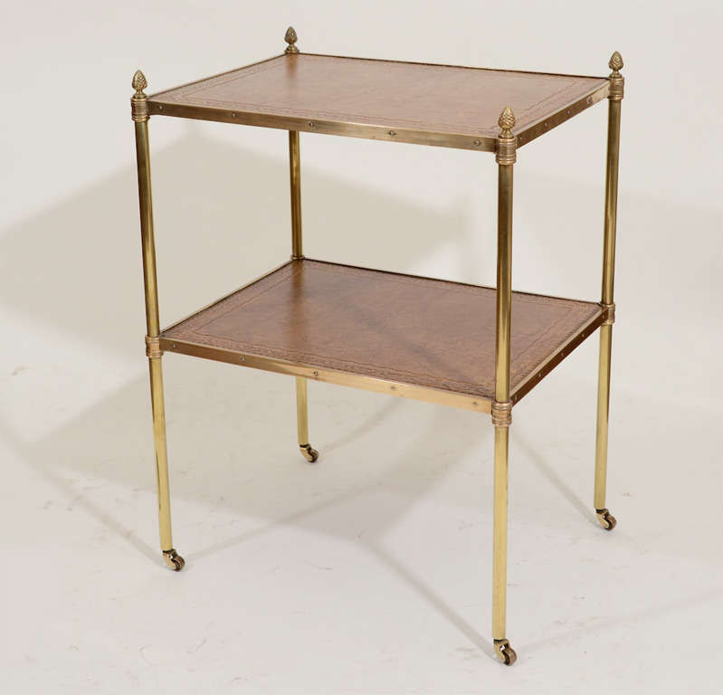 Brass & Leather 2-Tiered Occasional Table, England, 20th C.