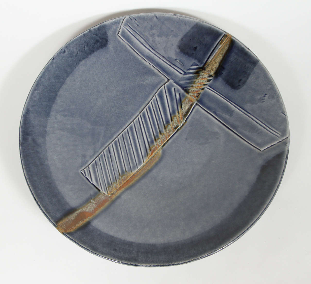 Handcrafted Large Blue Ceramic Charger with Modern Design For Sale at