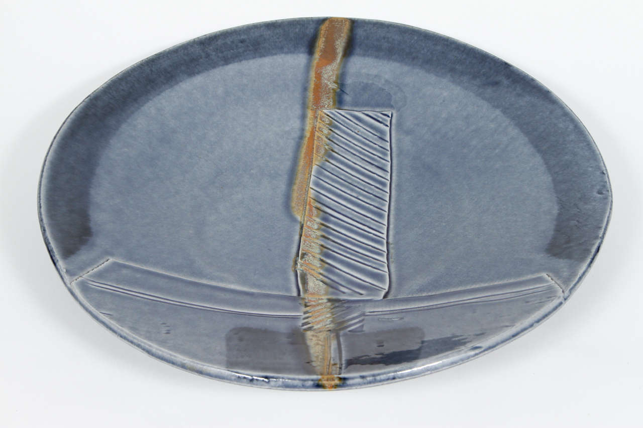 Handcrafted Large Blue Ceramic Charger with Modern Design For Sale at