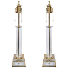 Midcentury Pair of Karl Springer Lucite and Brass Column Form Table Lamps