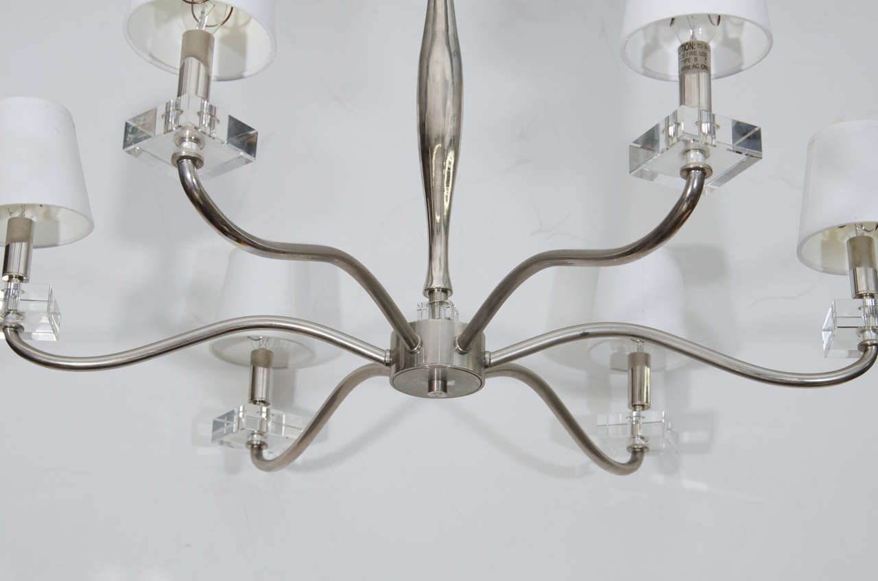 American Midcentury Stainless Steel and Crystal Six Arm Chandelier