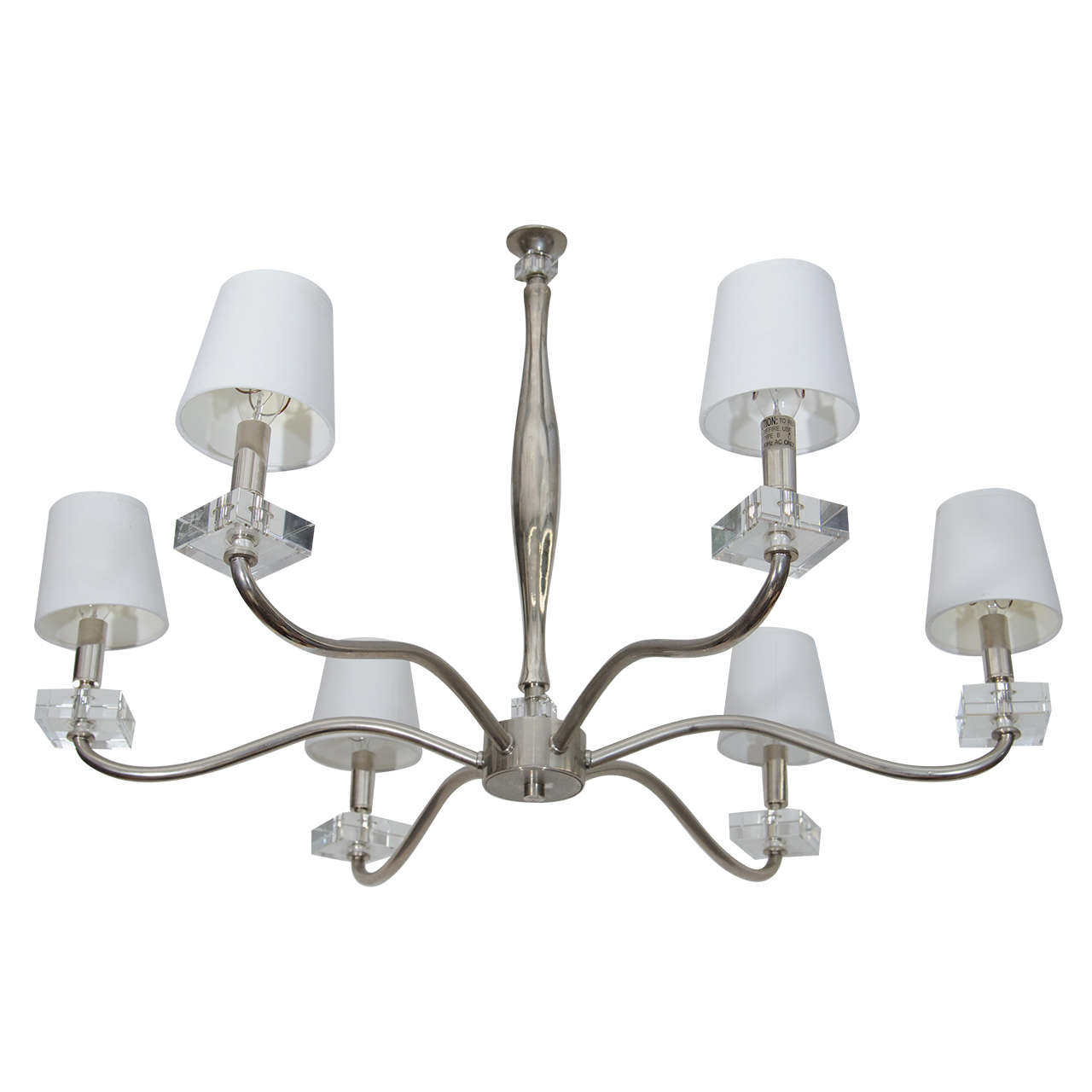 Midcentury Stainless Steel and Crystal Six Arm Chandelier