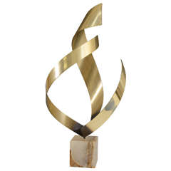 Mid-Century Curtis Jere Brass Flame Sculpture on a Marble Base