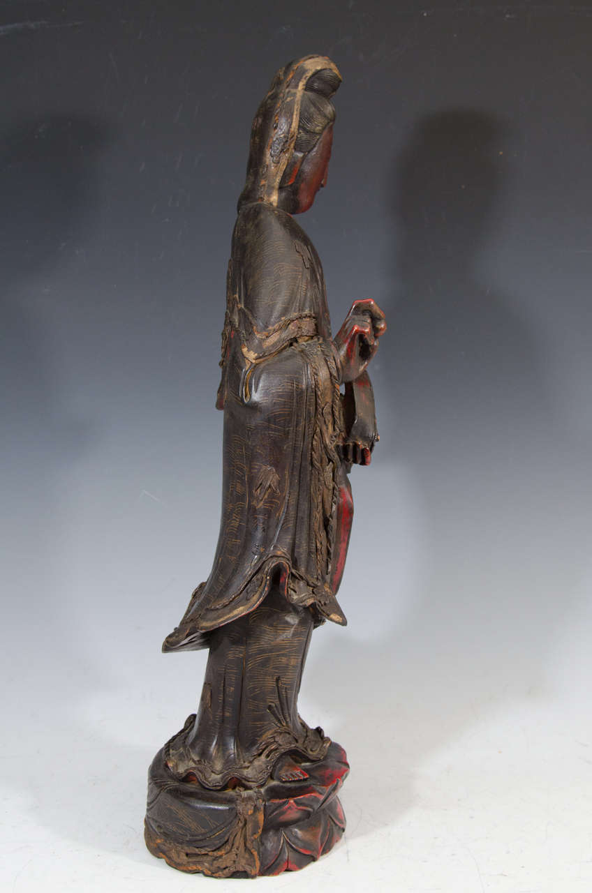 Wood Qing Dynasty Chinese Hand Carved Hardwood Guanyin Statue