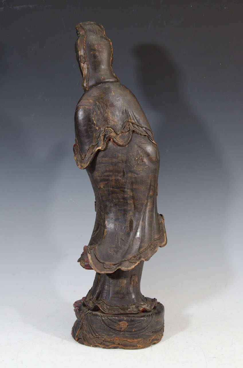 Qing Dynasty Chinese Hand Carved Hardwood Guanyin Statue 1