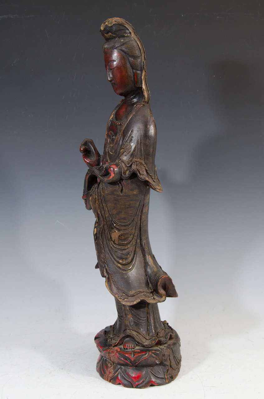 Qing Dynasty Chinese Hand Carved Hardwood Guanyin Statue 3