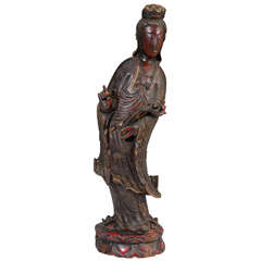 Qing Dynasty Chinese Hand Carved Hardwood Guanyin Statue