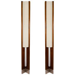 Vintage Danish Modern Pair of Tall Wooden Floor Lamps
