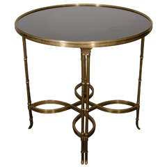 Mid-Century Bronze Side Table With Circular Black Granite Top