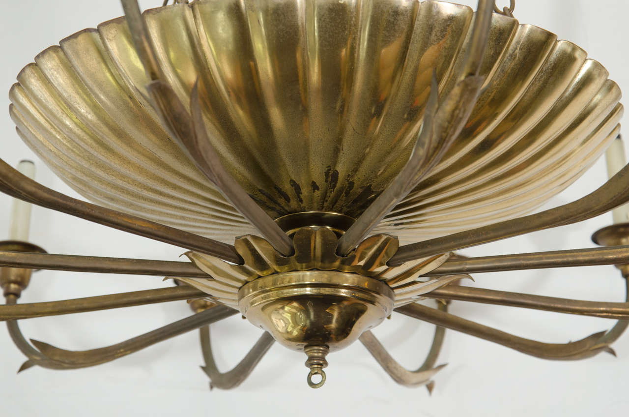 American Suite of Two Hollywood Regency Solid Brass Twelve-Light Chandelier For Sale