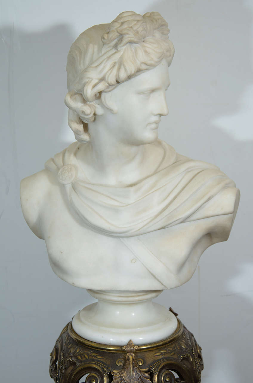Italian Antique Grand Tour Apollo Belvedere Signed Marble Bust on Bronze Tripod Base