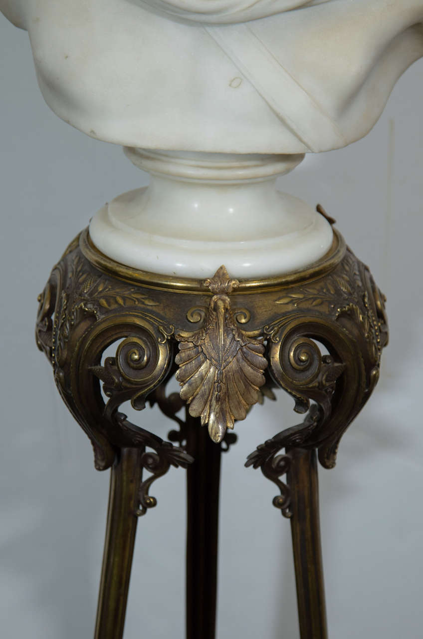 Antique Grand Tour Apollo Belvedere Signed Marble Bust on Bronze Tripod Base In Good Condition In New York, NY
