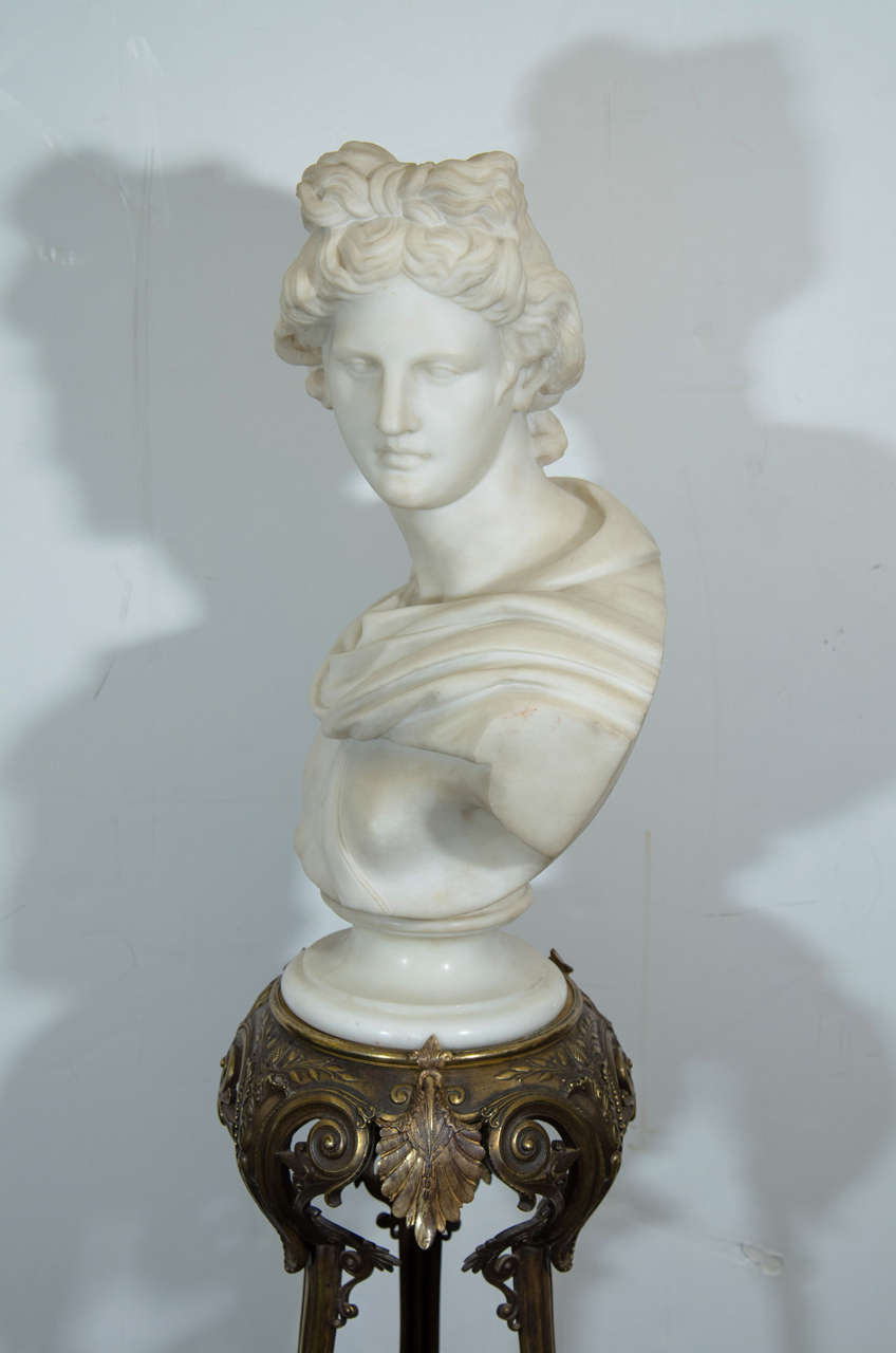 Antique Grand Tour Apollo Belvedere Signed Marble Bust on Bronze Tripod Base 1