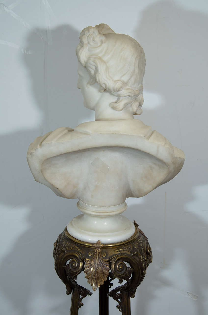 Antique Grand Tour Apollo Belvedere Signed Marble Bust on Bronze Tripod Base 2