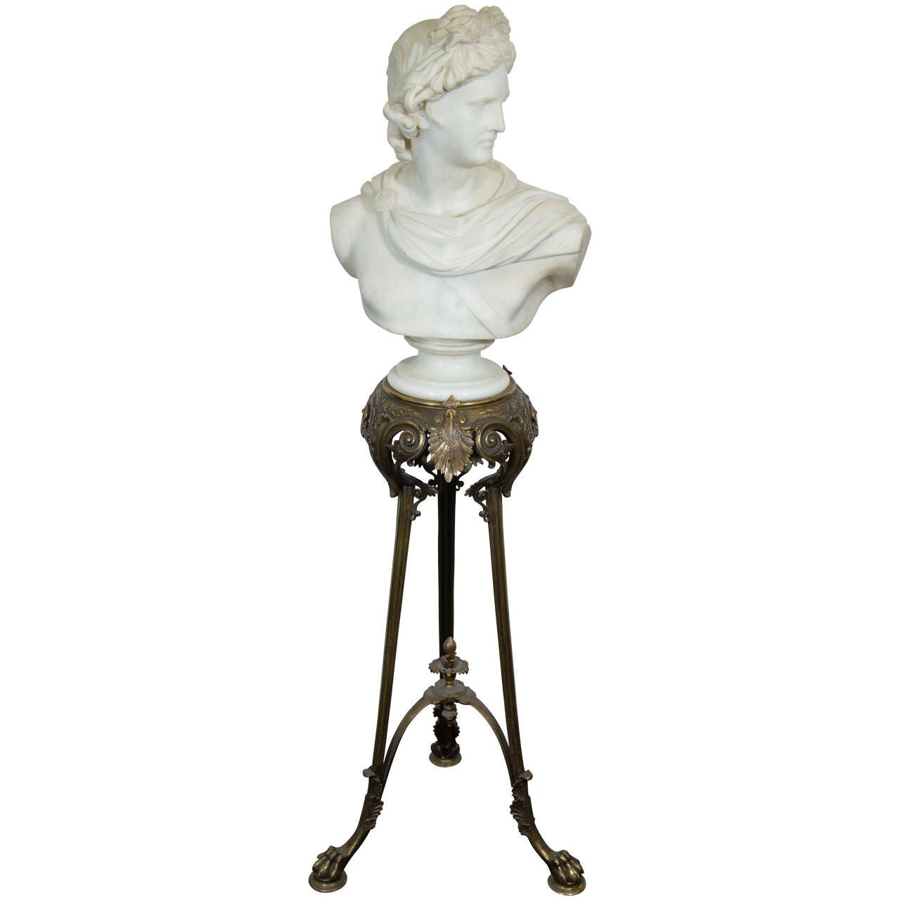 Antique Grand Tour Apollo Belvedere Signed Marble Bust on Bronze Tripod Base