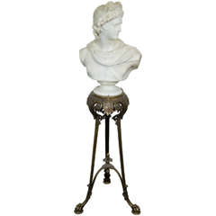 Antique Grand Tour Apollo Belvedere Signed Marble Bust on Bronze Tripod Base