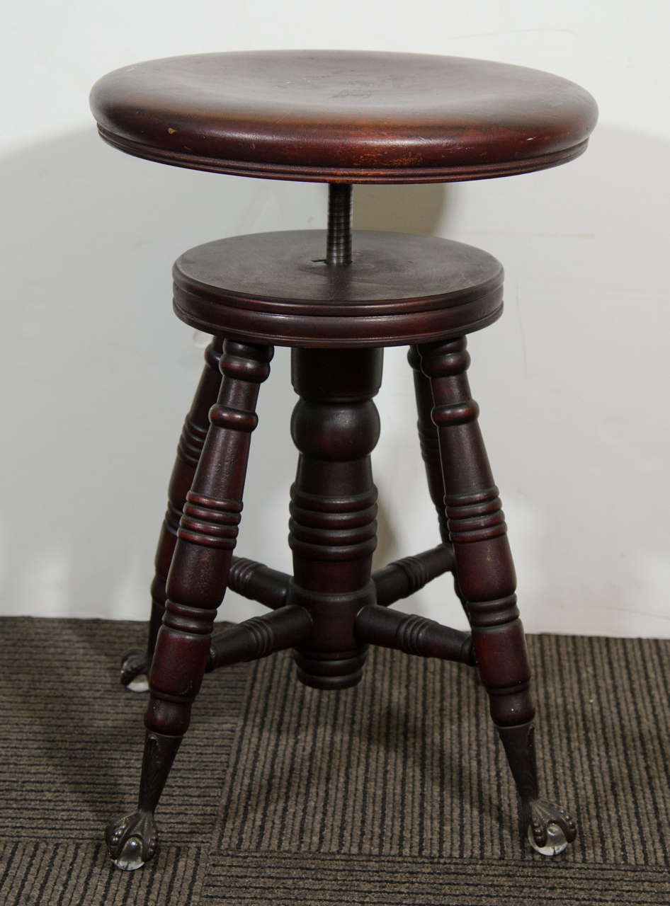 Antique Mahogany Turned Wood Adjustable Piano Stool