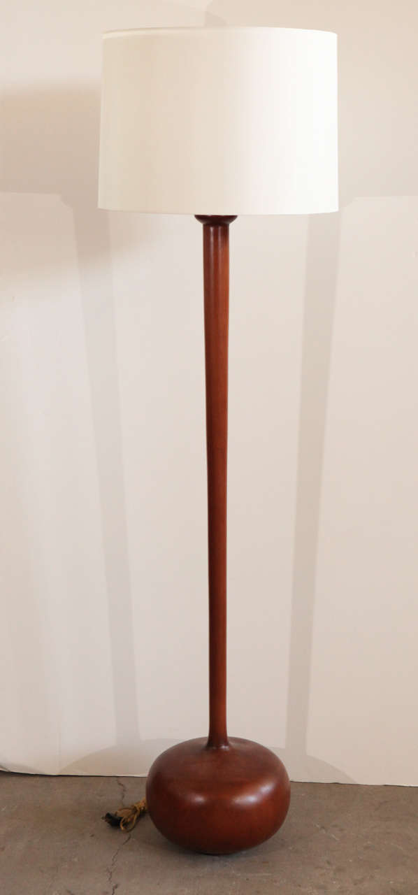 pair of midcentury walnut ball and stick floor lamps with shades