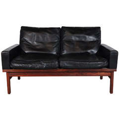 Danish Black Leather and Rosewood Settee