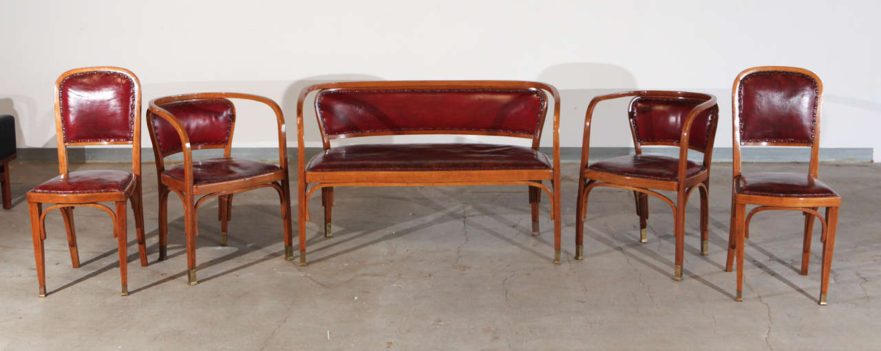 Gustav Siegel for J & J Kohn stained beech and brass designed circa, 1905.  (1 settee and pair of sidechairs)