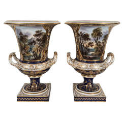 Pair Antique Porcelain Urns Topographical Scenes on Blue Ground