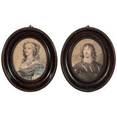 Pair of 18th Century Portraits of English Aristocrats in Pearwood Frames