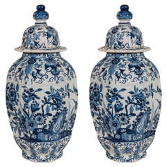 Pair of Blue and White Dutch Delft Covered Vases