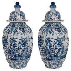 Pair of Blue and White Dutch Delft Covered Vases Pair of Blue and White Dutch Delft Covered Vases