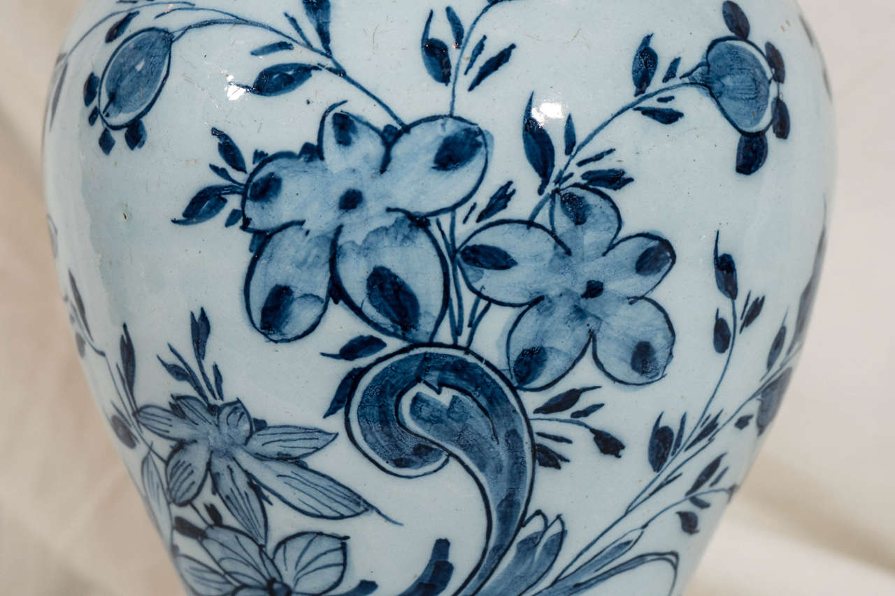 Late 18th Century Pair of 18th Century Blue and White Dutch Delft Covered Vases