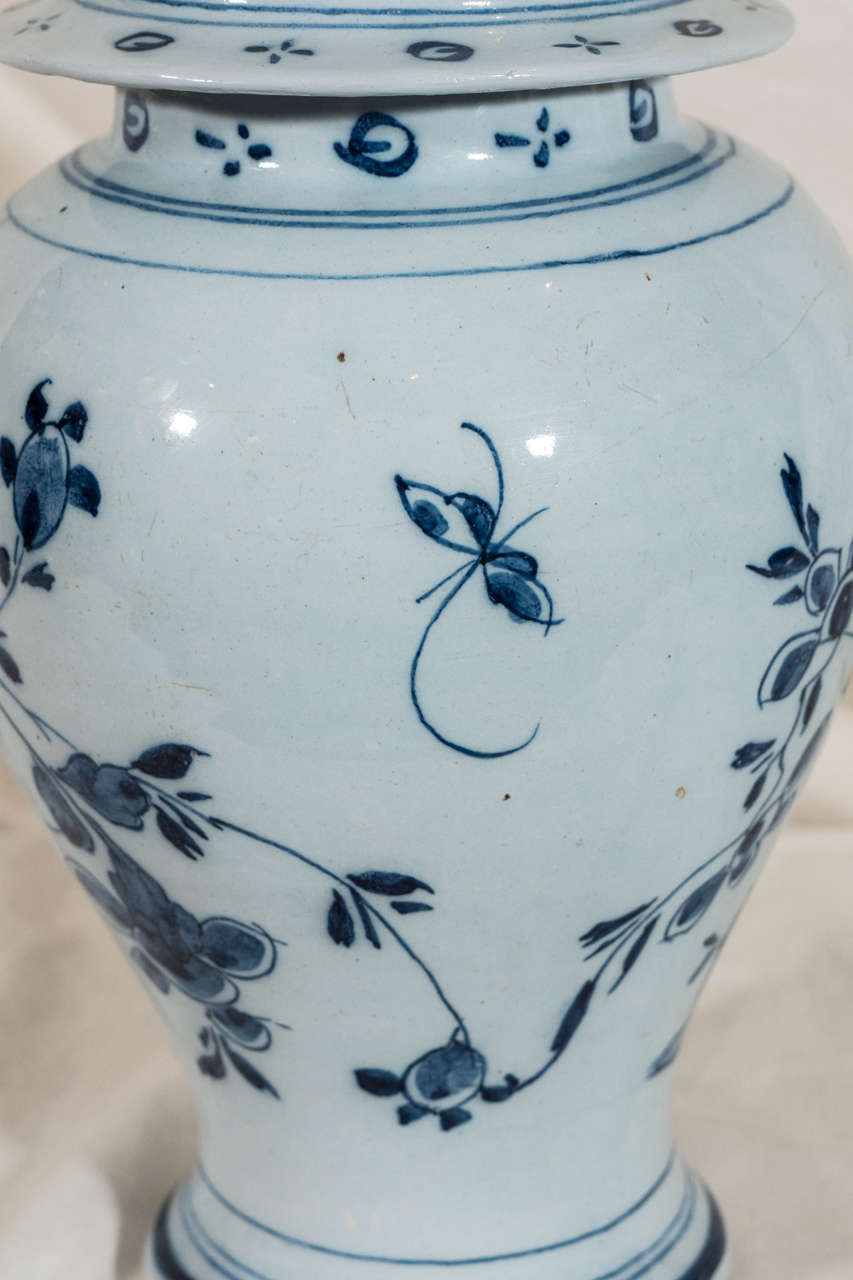Pair of 18th Century Blue and White Dutch Delft Covered Vases 4