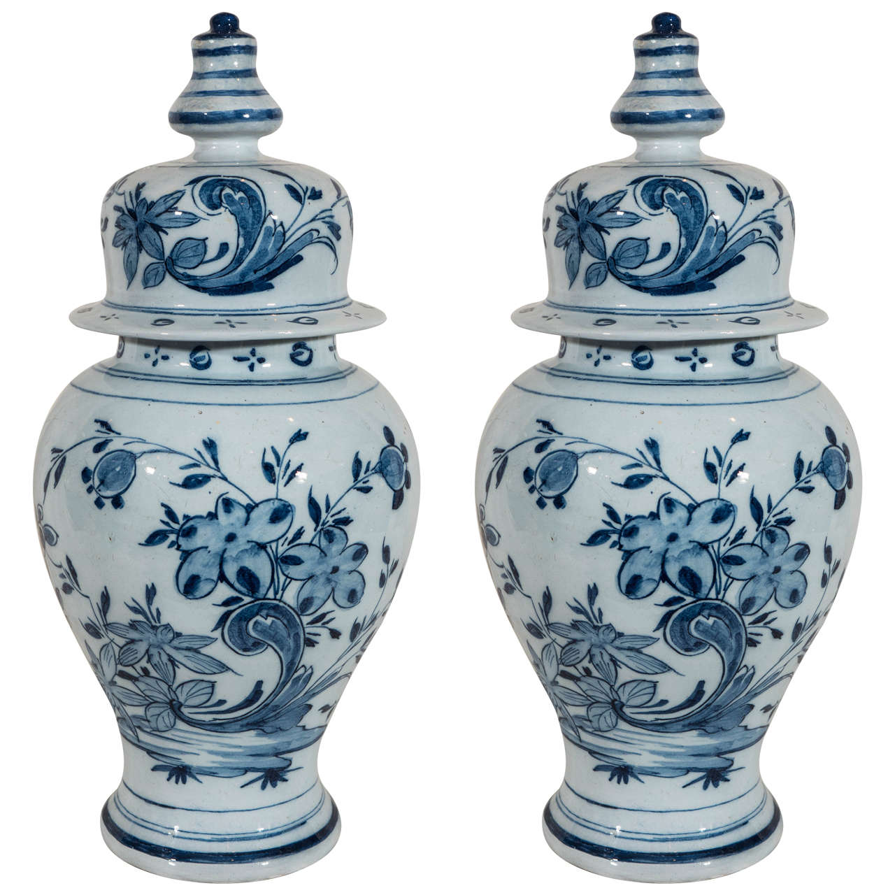Pair of 18th Century Blue and White Dutch Delft Covered Vases