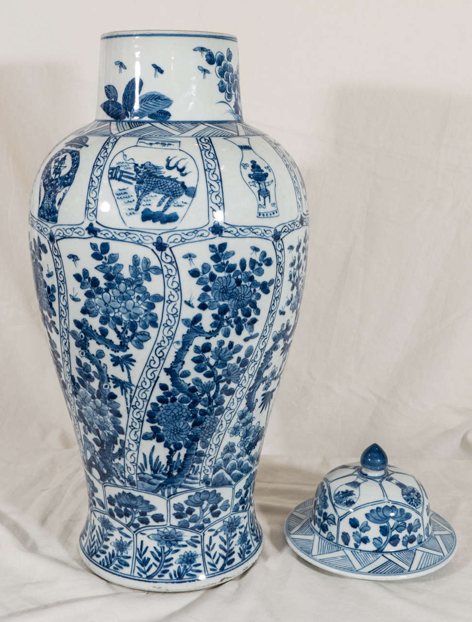 Porcelain Pair of Large Chinese Blue and White Covered Vases