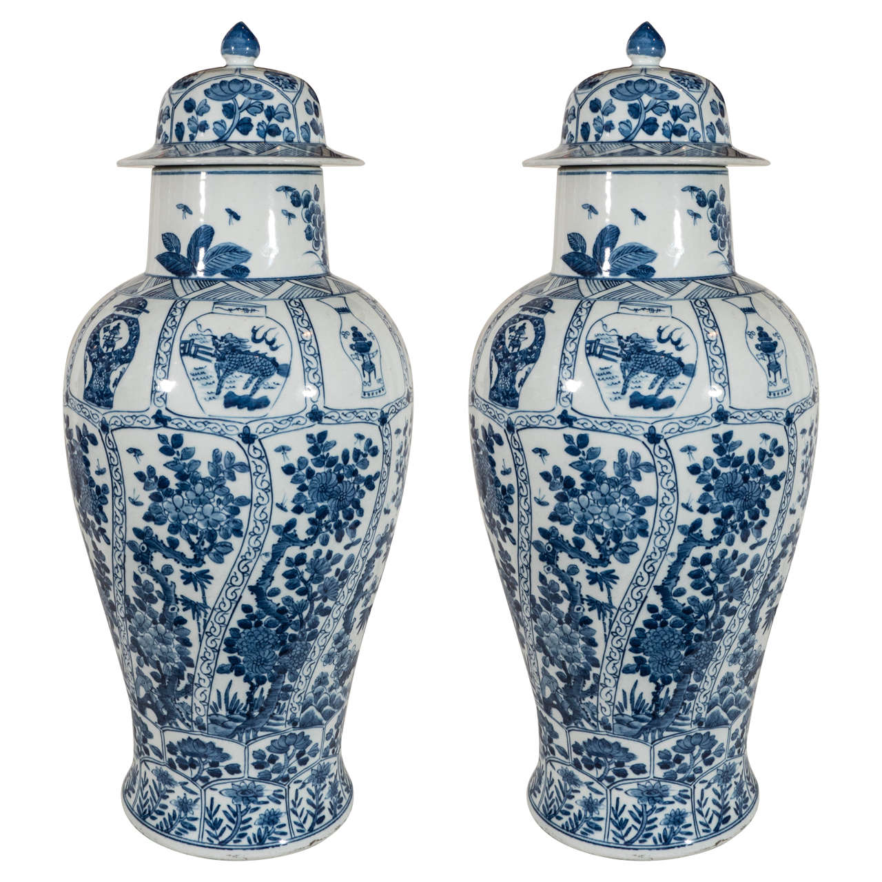 Pair of Large Chinese Blue and White Covered Vases