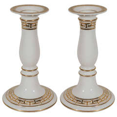 Antique Pair of White and Gold Candlesticks with Greek Key Design