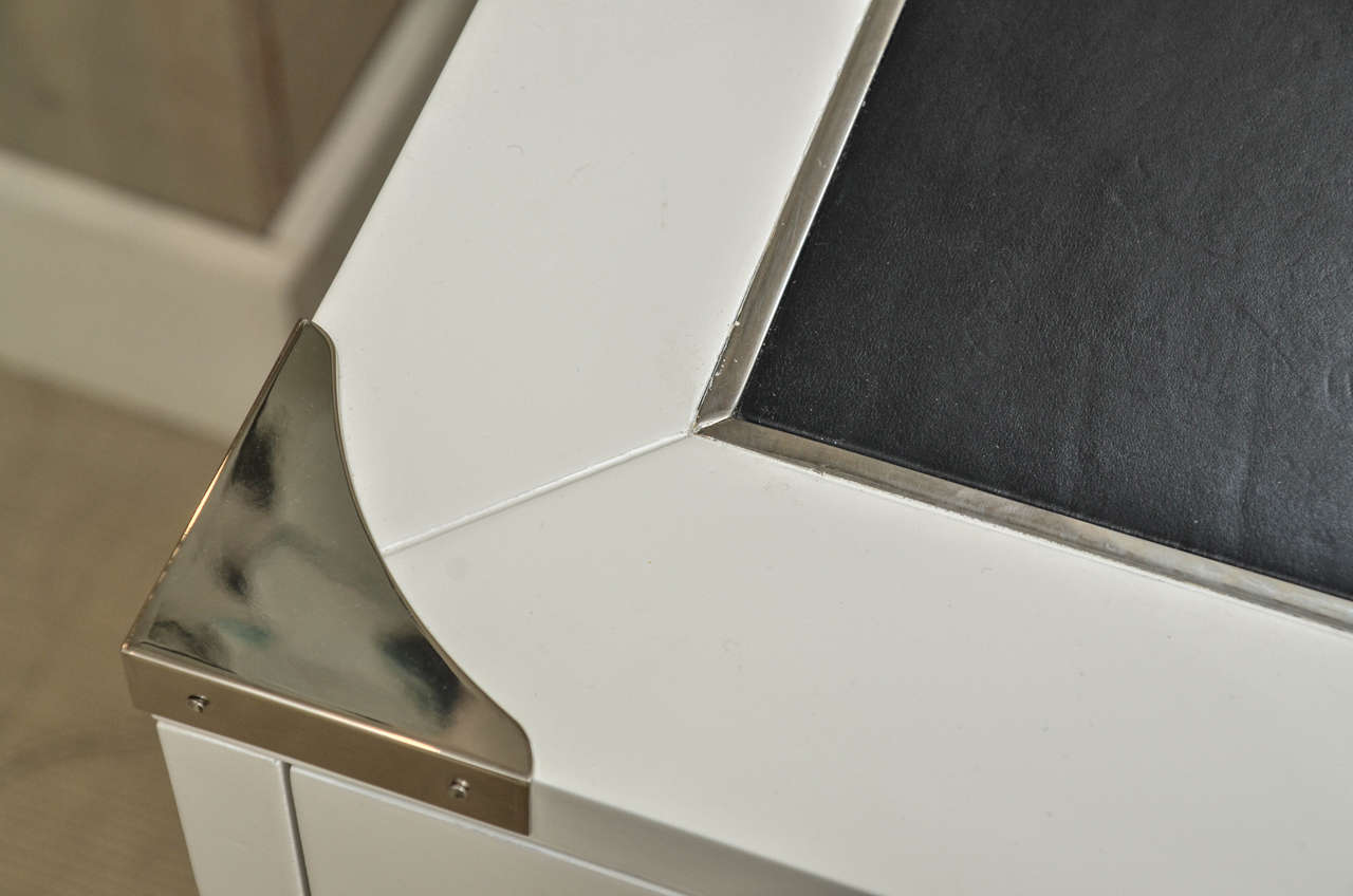 Mid-Century White Lacquer Campaign Desk with Black Leather Top 2