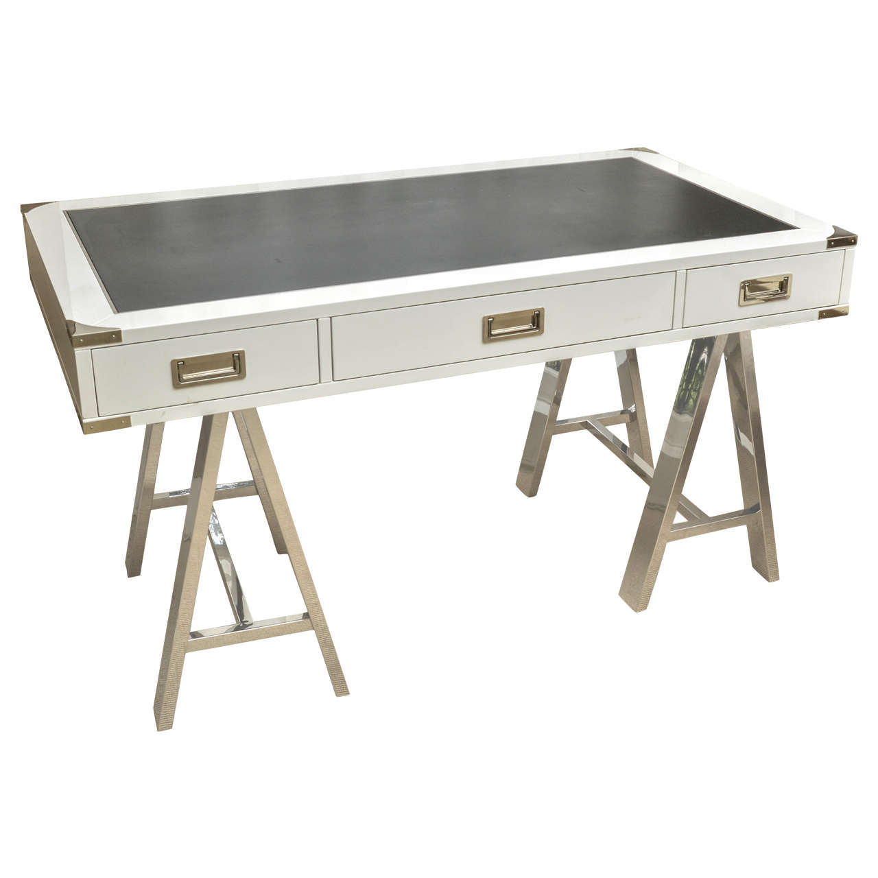 Mid-Century White Lacquer Campaign Desk with Black Leather Top