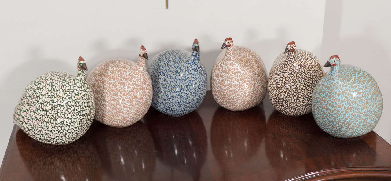 A charming group of ceramic guinea hens in different sizes and colors. These look great as singles or in a grouping, and are a wonderful accessory in a kitchen, family room or anywhere. Made in France and painted by hand. Small ($130); medium