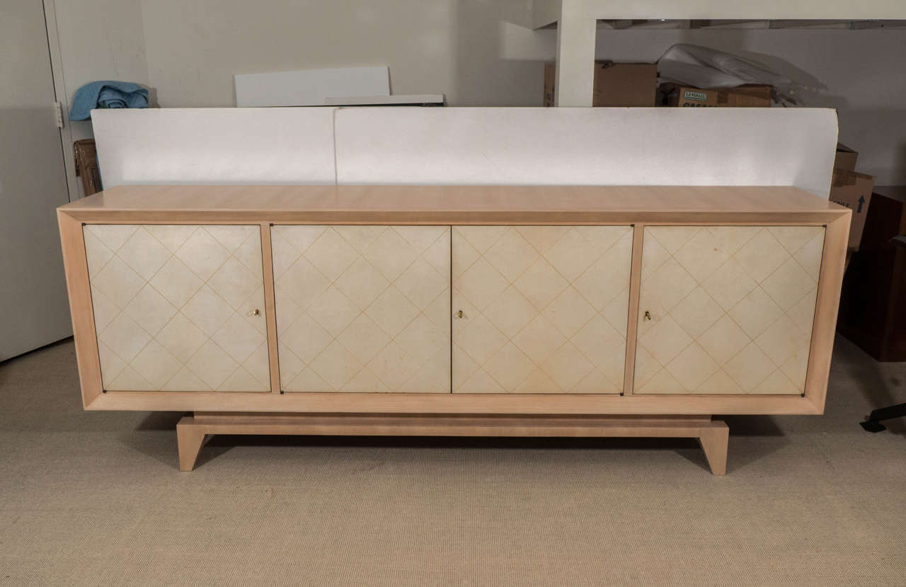Parchment and Light Oak Veneer Sideboard with Diamond Lattice Patterned Front By Suzanne Guiguichon, France, c. 1940