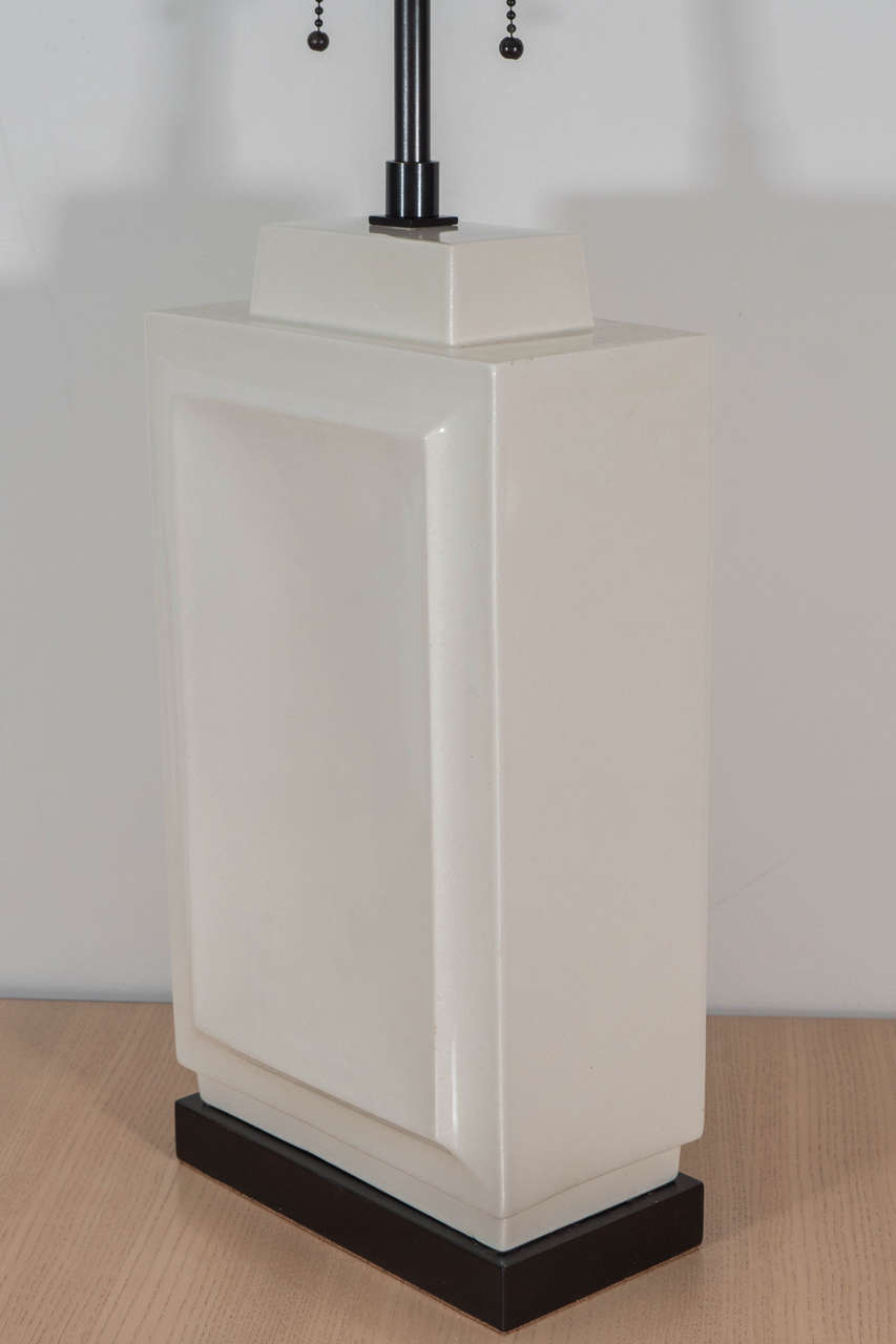 Mid-20th Century White Rectangular Ceramic Table Lamp with Bronze Base, USA, circa 1950s For Sale