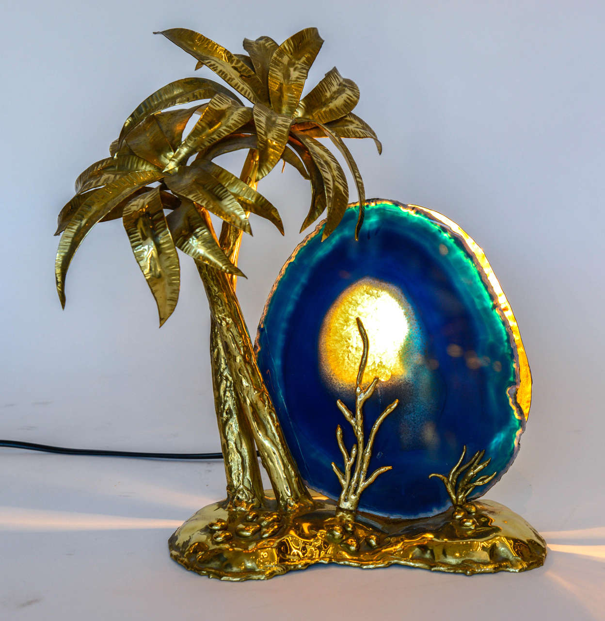 Late 20th Century Exotic Brass and Agate Palm Tree Lamp by Isabelle Masson-Faure