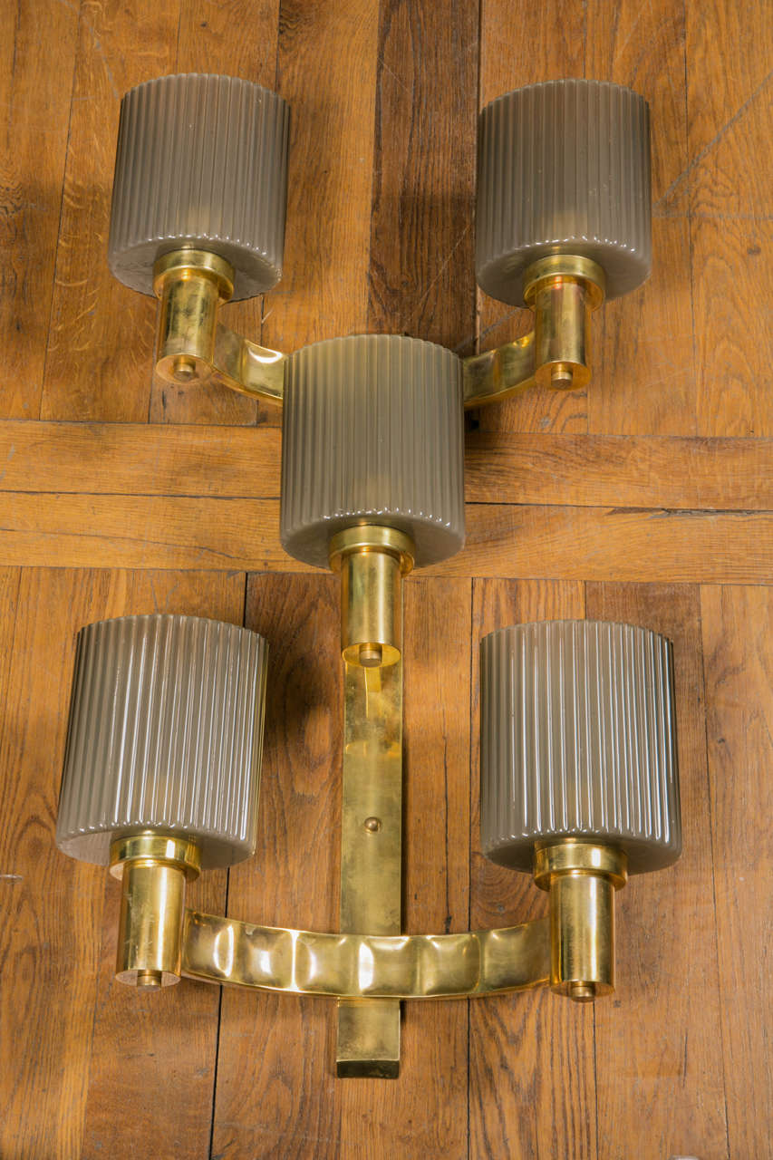 Set of six sconces made of five glass shades, brass structure