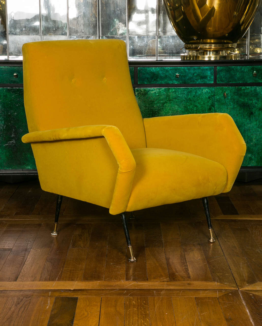 Pair of Italian midcentury armchairs in the style of Marco upholstered with Rubelli yellow velvet, four feet in black metal and brass