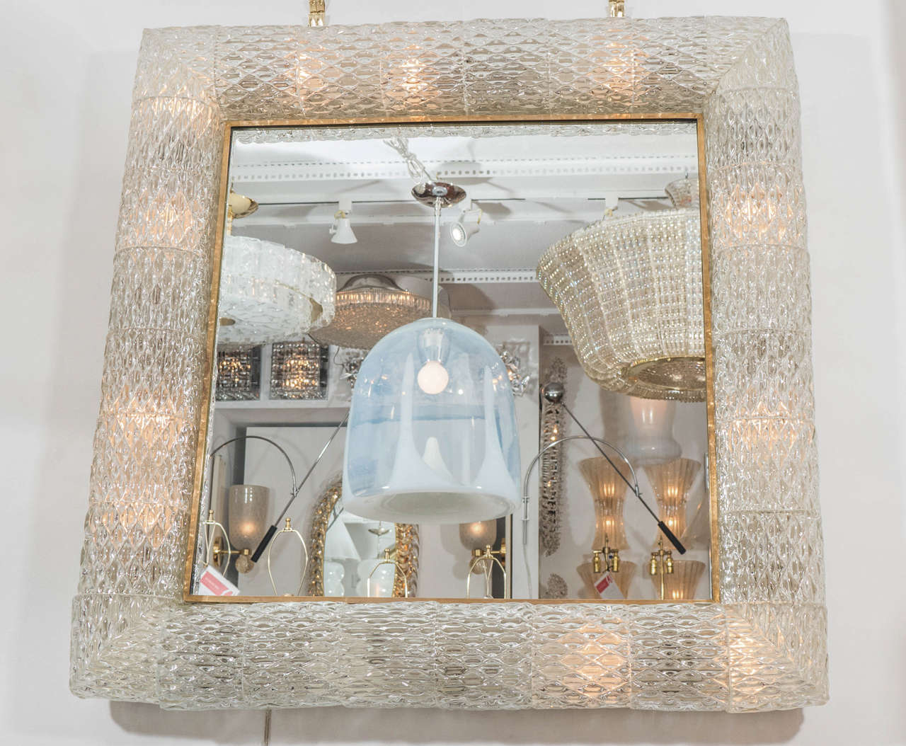 Square mirror with interior lit textured glass surround by Barovier.