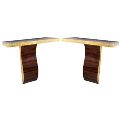 Pair of French Art Deco Brass and Wood S-Form Console Tables